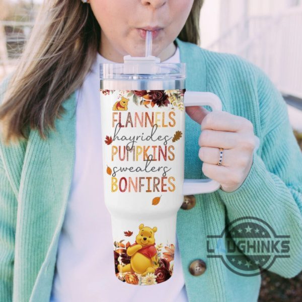 custom name winnie the pooh flannels pumpkins bonfires fall theme pattern 40oz tumbler with handle and straw lid personalized 40 oz travel stanley cup dupe laughinks 1 4