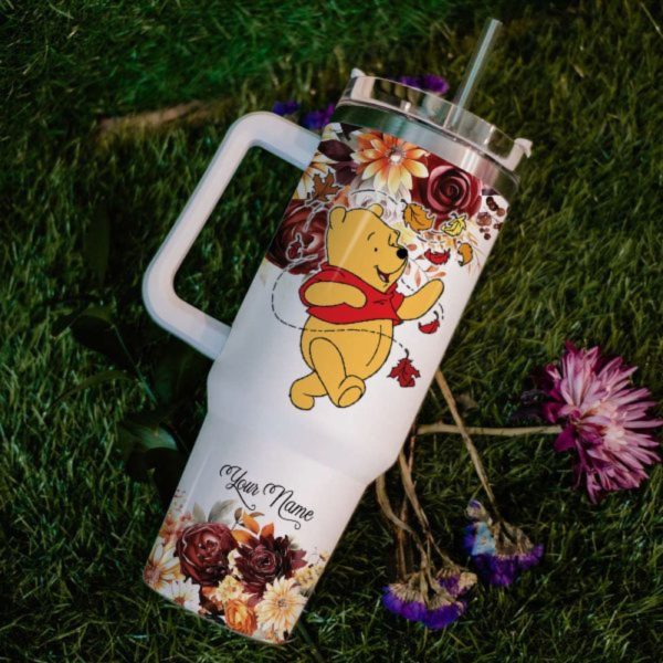 custom name winnie the pooh flannels pumpkins bonfires fall theme pattern 40oz tumbler with handle and straw lid personalized 40 oz travel stanley cup dupe laughinks 1 5