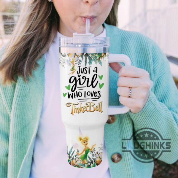 custom name just a girl loves tinker bell flower pattern 40oz tumbler with handle and straw lid personalized 40 oz travel stanley cup dupe laughinks 1 4