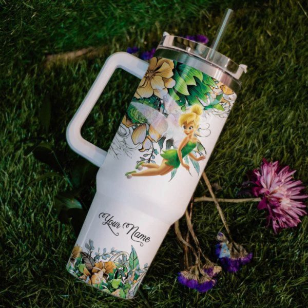 custom name just a girl loves tinker bell flower pattern 40oz tumbler with handle and straw lid personalized 40 oz travel stanley cup dupe laughinks 1 5