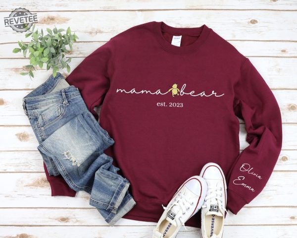 Personalized Mama Bear Winnie The Pooh Sweatshirt Mama Est With Kid Name On Sleeve Personalized Mom Sweatshirt revetee 3