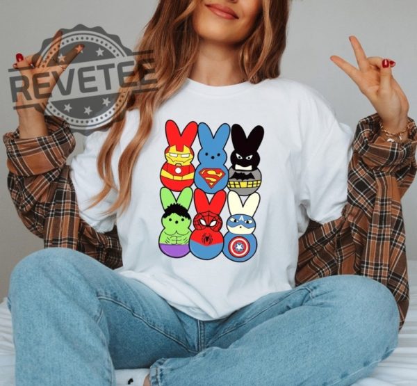 Easter Peeps Superheroes Shirt Movie Characters Easter Sweatshirt Superheroes Lover Gift Easter Bunny Ears Crewneck Easter 2024 Unique revetee 1