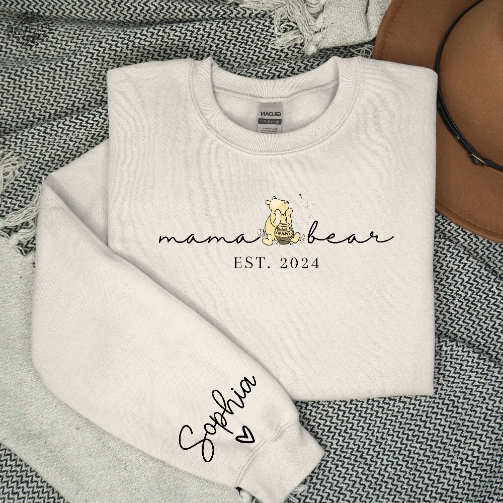 Personalized Mama Bear Winnie The Pooh Comfort Colors Sweatshirt Mama Est With Kid Name On Sleeve Personalized Mom Sweatshirt Gift For Tee
