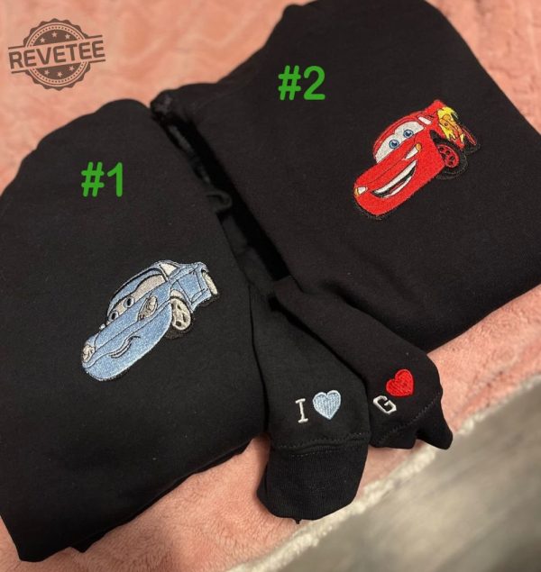 Mcqueen And Sally Embroidered Sweatshirt Cars Lightning Mcqueen Sally Mater Couple Hoodie Family Disney Cars Lighting Embroidered Hoodie revetee 1