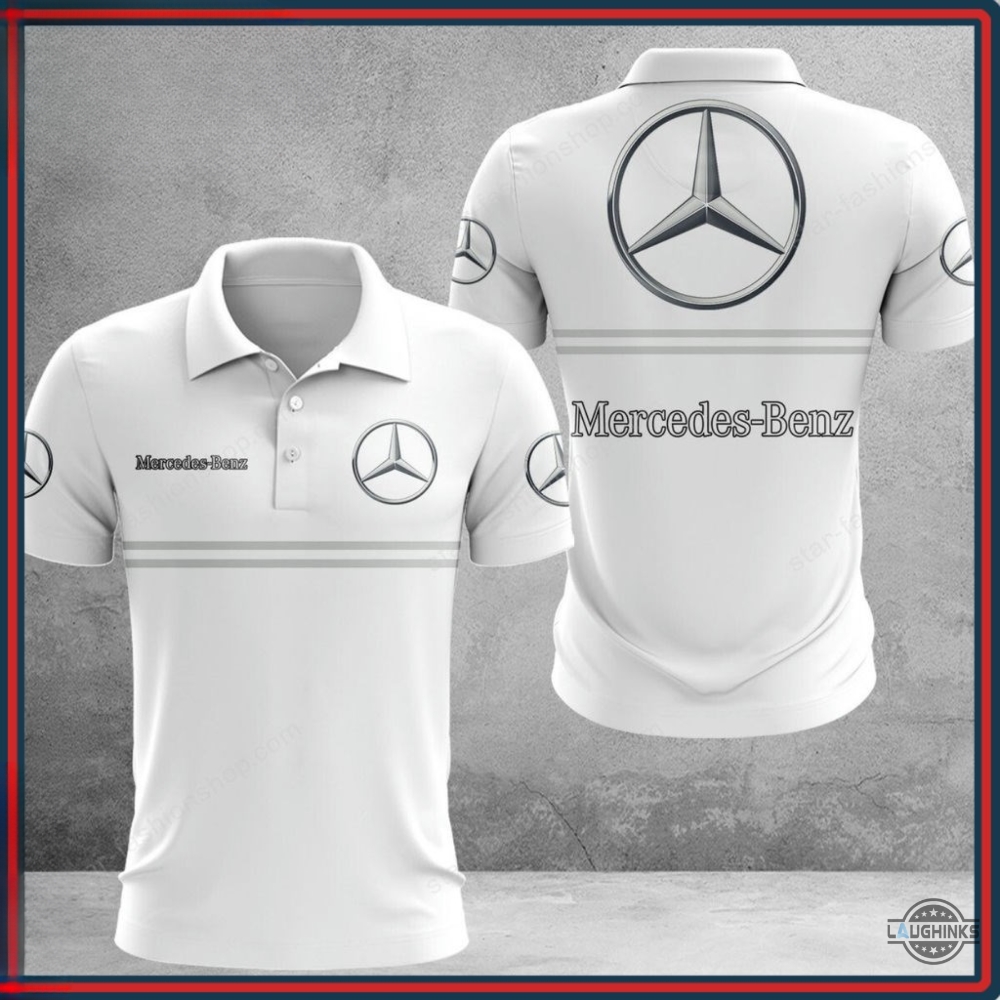 Mercedes F1 Polo Shirt All Over Printed Formula One Car Racing Shirts Mercedes Benz Logo White Golf Uniform Tee Shirt Gift For Car Guys Racers Racing Lovers