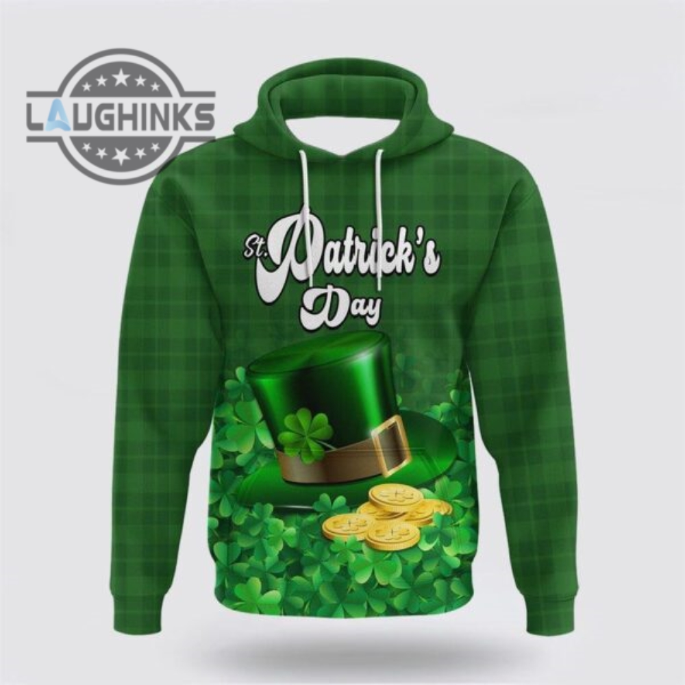 St Patricks Day Hoodie Customized St Patricks Day Hoodie Green Leprechaun Hat With Clover Leaf No2 Tshirt Sweatshirt Mens Womens Irish Saint Pattys Day Gift Lucky Clovers Shamrock Tee