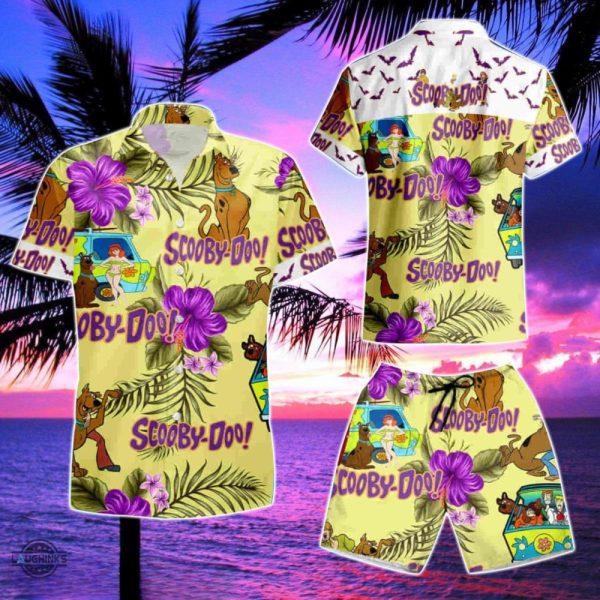 scooby doo hawaiian shirt and shorts purple hibiscus scooby doo on hippie camper van aloha summer beach button up shirts shaggy rogers costume gift laughinks 1