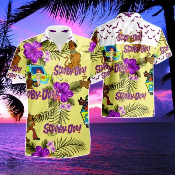 scooby doo hawaiian shirt and shorts purple hibiscus scooby doo on hippie camper van aloha summer beach button up shirts shaggy rogers costume gift laughinks 2