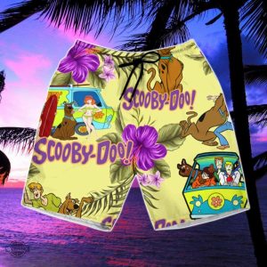 scooby doo hawaiian shirt and shorts purple hibiscus scooby doo on hippie camper van aloha summer beach button up shirts shaggy rogers costume gift laughinks 3