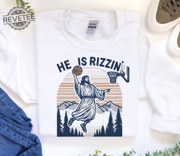 Jesus Basketball Easter Shirt Jesus He Is Rizzin Funny Religious Graphic Tee Y2k Retro Faith Sweater Aesthetic Gift For Believers revetee 2