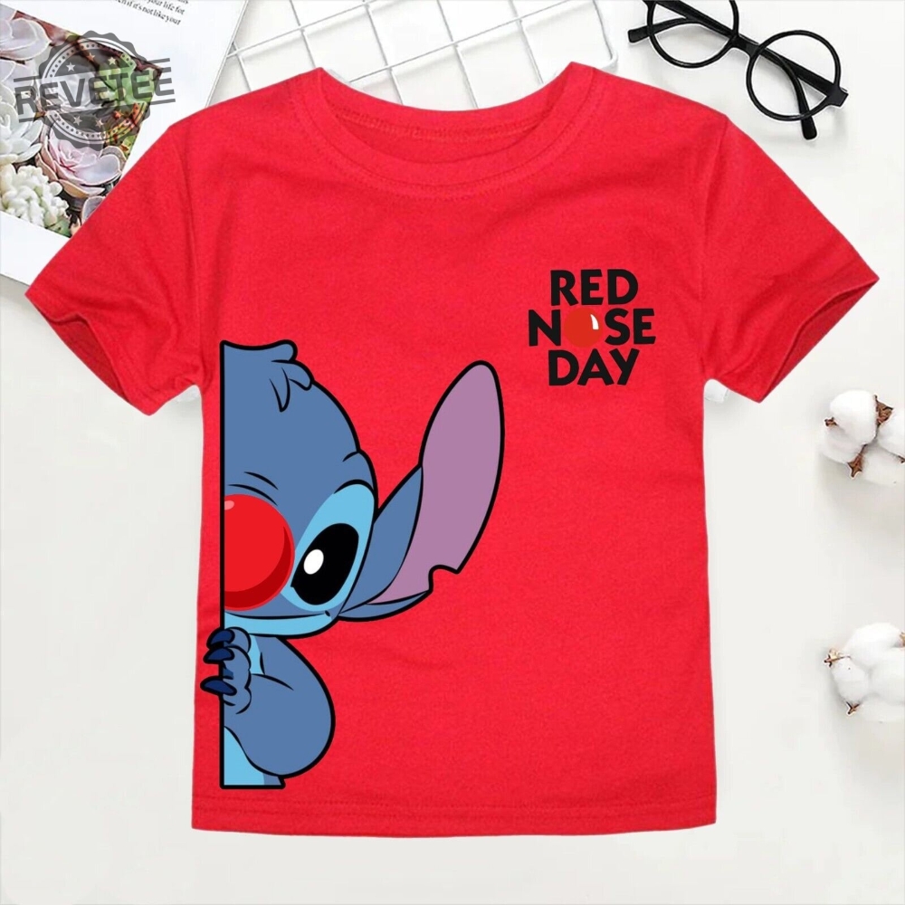 Red Nose Day Peeking Lilo  Stitch Shirt Funny Cute Designer Shirt Red Nose Day Outfit Ideas Childrens Red Nose Day T Shirts Unique