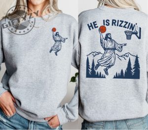 He Is Rizzin Humor Easter Shirt Jesus Funny Sweatshirt Christian Easter Tshirt Jesus Basketball Easter Hoodie Two Side Religious Shirt giftyzy 2