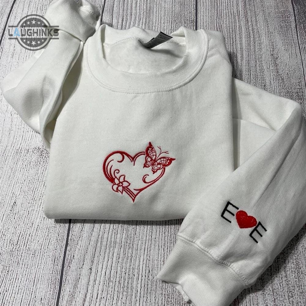 Valentine Sweatshirt Butterfly Heart Embroidered Sweatshirt Womens Embroidered Sweatshirts Tshirt Sweatshirt Hoodie Trending Embroidery Tee Gift