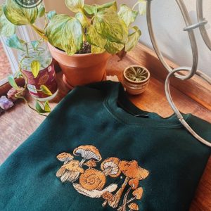 green mushroom snail embroidered crewneck embroidered sweatshirt mushroom apparel embroidery tshirt sweatshirt hoodie gift laughinks 1 1