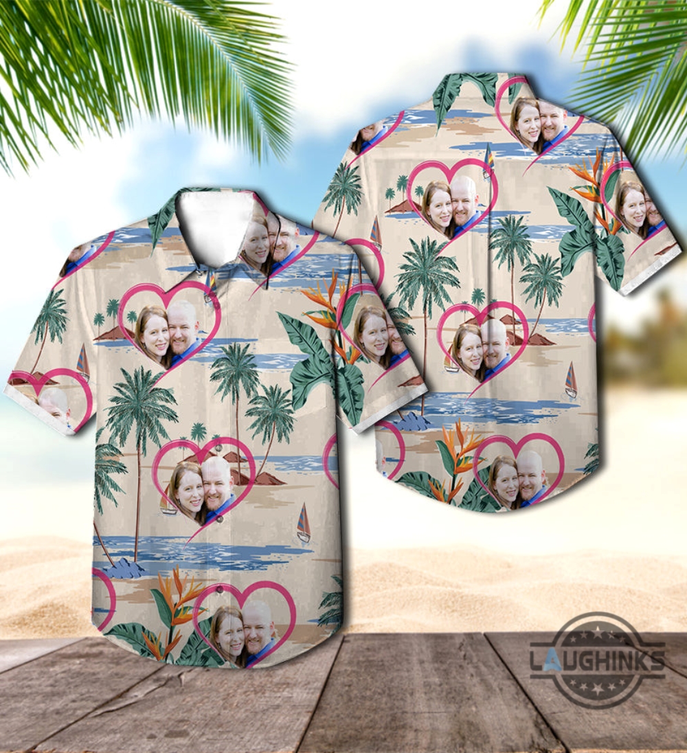Custom Photo Hawaiian Shirts  Couple Love Palm Island Vintage  Custom Face Shirt All Over Aloha Summer Beach Button Up Shirts And Shorts
