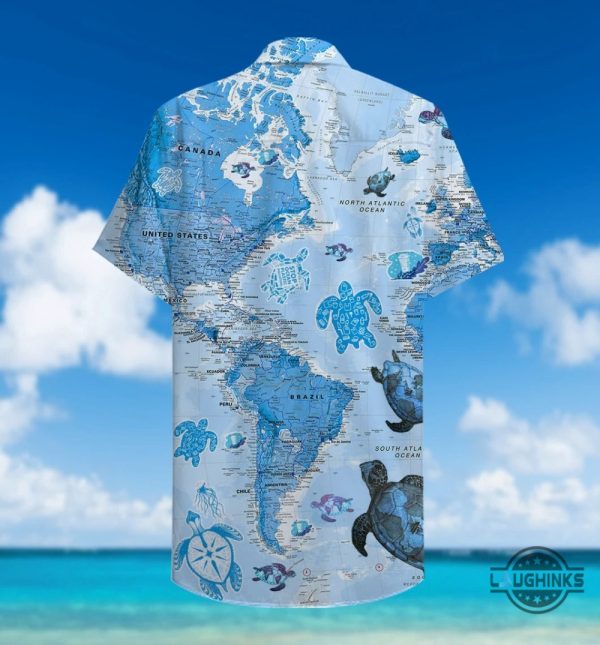 turtle blue map hawaiian shirt aloha summer beach button up shirts and shorts