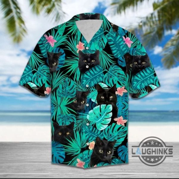 black cat tropical hawaiian shirt aloha summer beach button up shirts and shorts laughinks 1