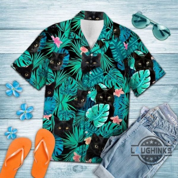 black cat tropical hawaiian shirt aloha summer beach button up shirts and shorts laughinks 1 1