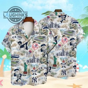 new york yankees baseball pattern on white print hawaiian shirt new york yankees hawaiian shirt ny yankees button up shirt and shorts mlb baseball aloha beach shirt laughinks 1