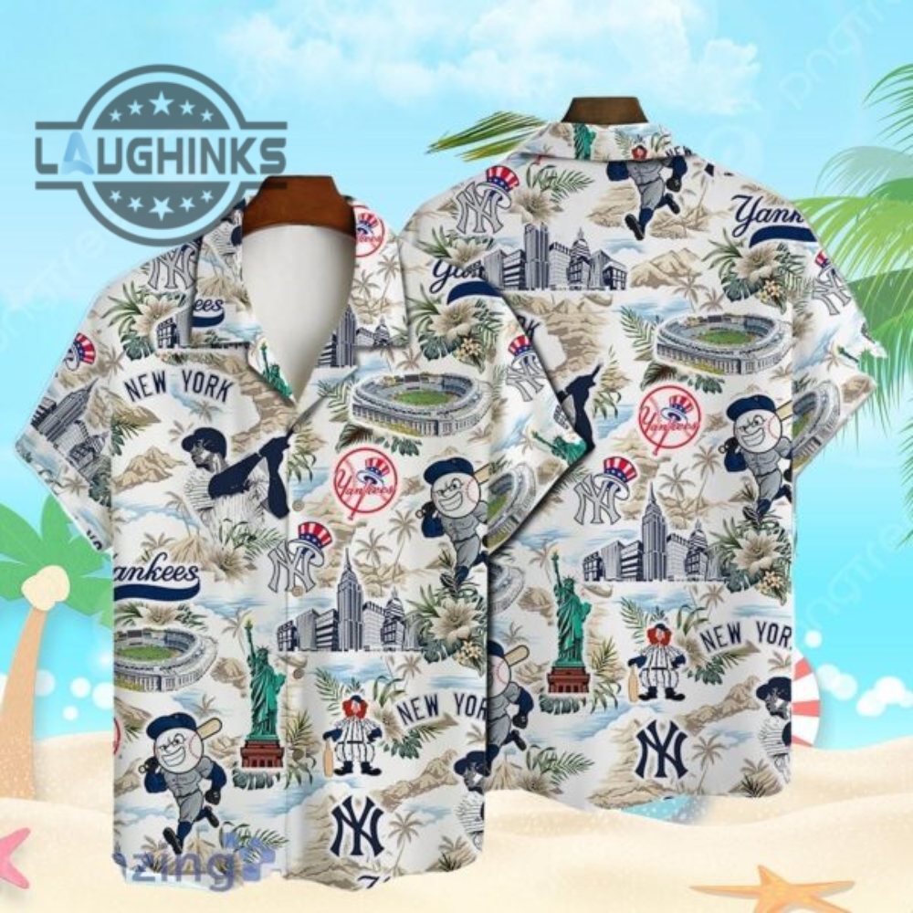New York Yankees Baseball Pattern On White Print Hawaiian Shirt New York Yankees Hawaiian Shirt Ny Yankees Button Up Shirt And Shorts Mlb Baseball Aloha Beach Shirt