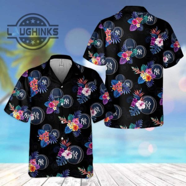 mlb new york yankees hawaiian shirt tropical flower pattern all over print ny yankees button up shirt and shorts mlb baseball aloha beach shirt laughinks 1