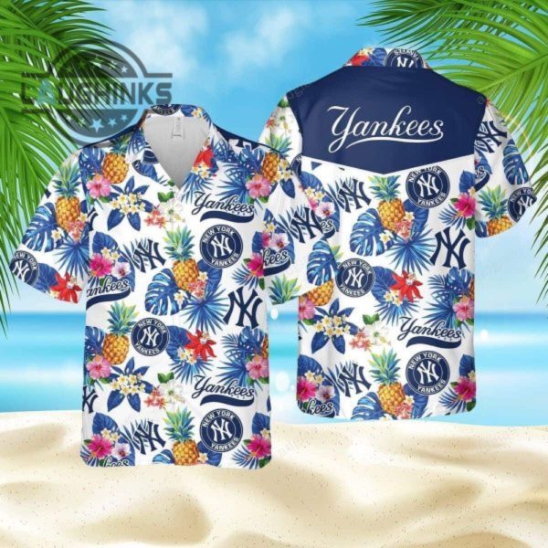 new york yankees hawaiian shirt tropical pineapple pattern all over print ny yankees button up shirt and shorts mlb baseball aloha beach shirt laughinks 1