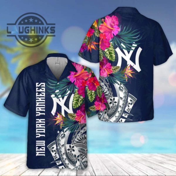 new york yankees hawaiian shirt tribal tropical flower pattern beach lovers gift ny yankees button up shirt and shorts mlb baseball aloha beach shirt laughinks 1