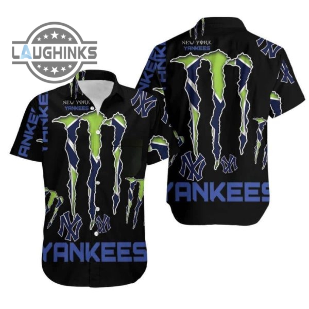 New York Yankees Hawaiian Shirt Monster Energy Logo Gift For Sport Fans Ny Yankees Button Up Shirt And Shorts Mlb Baseball Aloha Beach Shirt