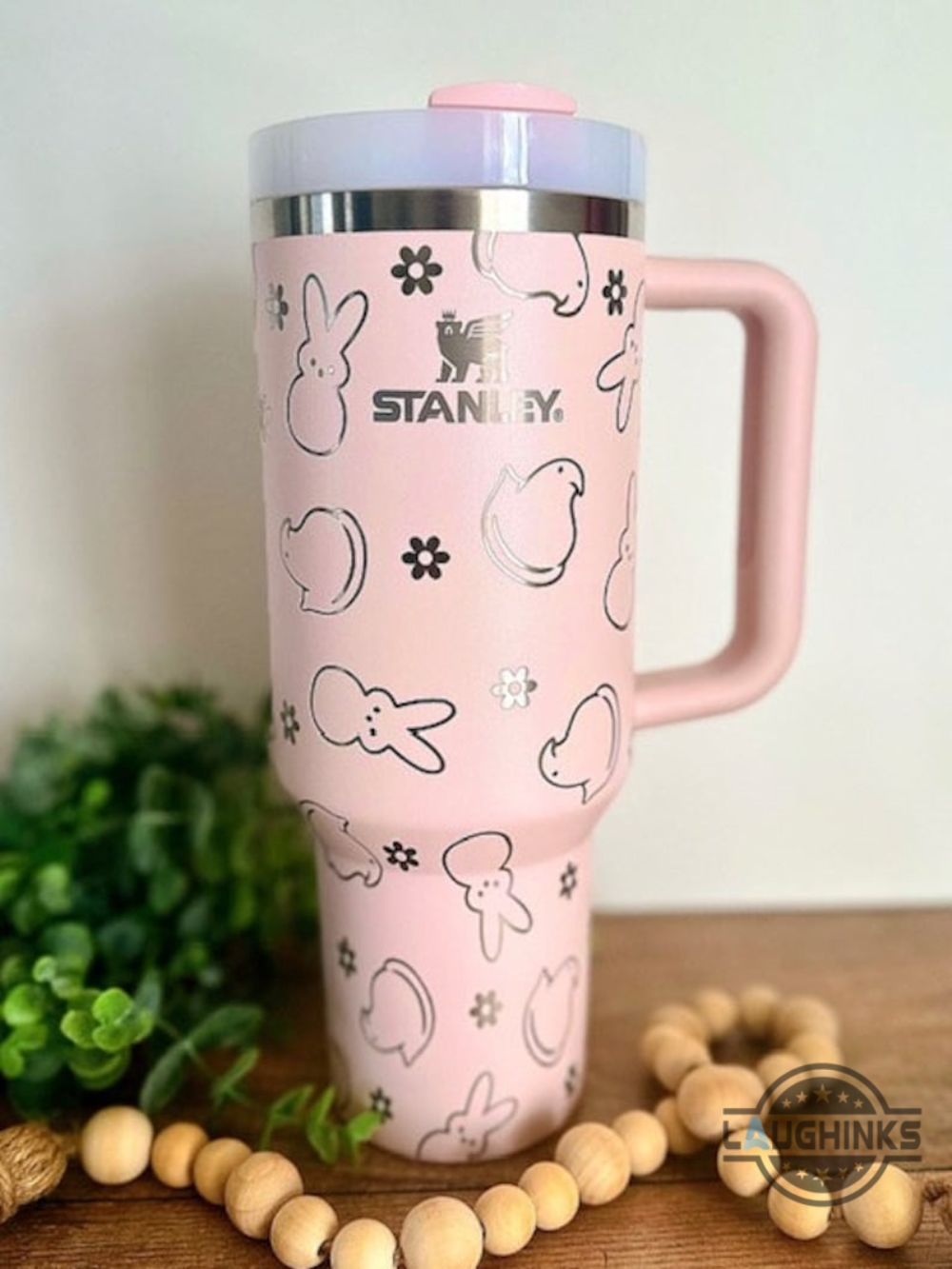 Stanley Easter Tumbler Dupe Peeps 40Oz Laser Engraved Stainless Steel Cup Bunnies Chicks Stanley Tumblers With Handle Lid And Straw Easter Gift