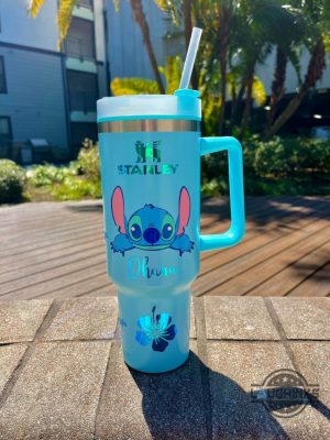 stanley cup stitch dupe 40 oz lilo and stitch laser engraved stainless steel 40oz tumblers disney cartoon character hibiscus flower hawaiian travel cups laughinks 1