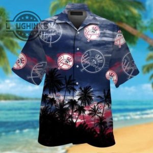 new york yankees hawaiian shirt coconut tree summer beach lovers gift ny yankees button up shirt and shorts mlb baseball aloha beach shirt laughinks 1 1