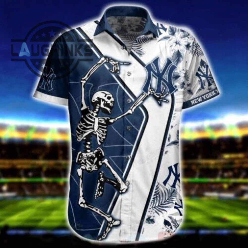 Fun Skeleton Dancing New York Yankees Hawaiian Shirt Tropical Floral Aloha Shirt Ny Yankees Button Up Shirt And Shorts Mlb Baseball Aloha Beach Shirt