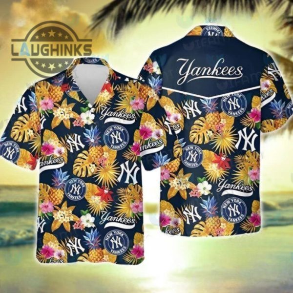 mlb new york yankees hawaiian shirt tropical flower pattern trendy summer gift yankees tropical shirt ny yankees button up shirt and shorts mlb baseball aloha beach shirt laughinks 1 1