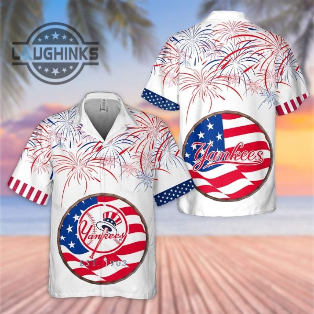 Mlb New York Yankees Hawaiian Shirt Fireworks Independence Day Yankees Tropical Shirt Ny Yankees Button Up Shirt And Shorts Mlb Baseball Aloha Beach Shirt