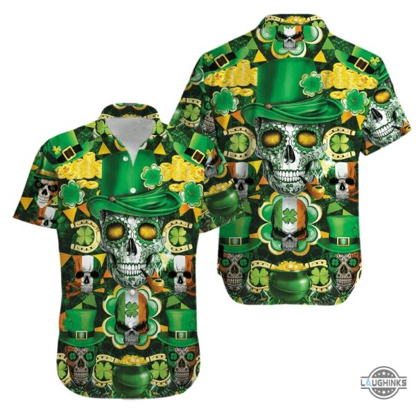 irish skull rich st patrick green hawaiian shirt aloha summer beach button up shirts and shorts laughinks 1 1