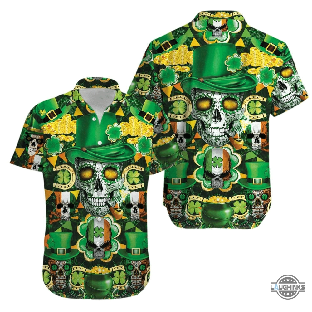 Irish Skull Rich St Patrick Green Hawaiian Shirt Aloha Summer Beach Button Up Shirts And Shorts