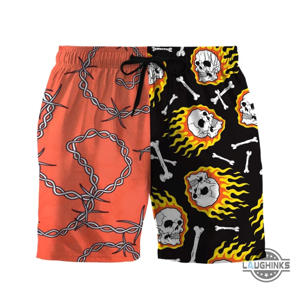 3D Fire Skull Hawaiian Shirt Beach Summer Men Beach Shorts Swim Trunks Hawaii Style Printed 3D Aloha Summer Beach Button Up Shirts And Shorts