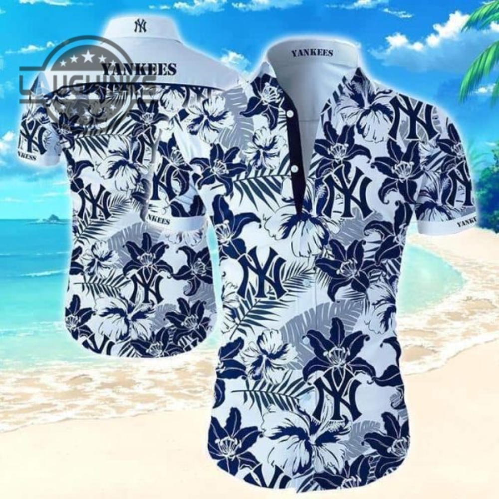 New York Yankees Hawaiian Shirt Tropical Flower Pattern Trendy Summer Gift Ny Yankees Button Up Shirt And Shorts Mlb Baseball Aloha Beach Shirt