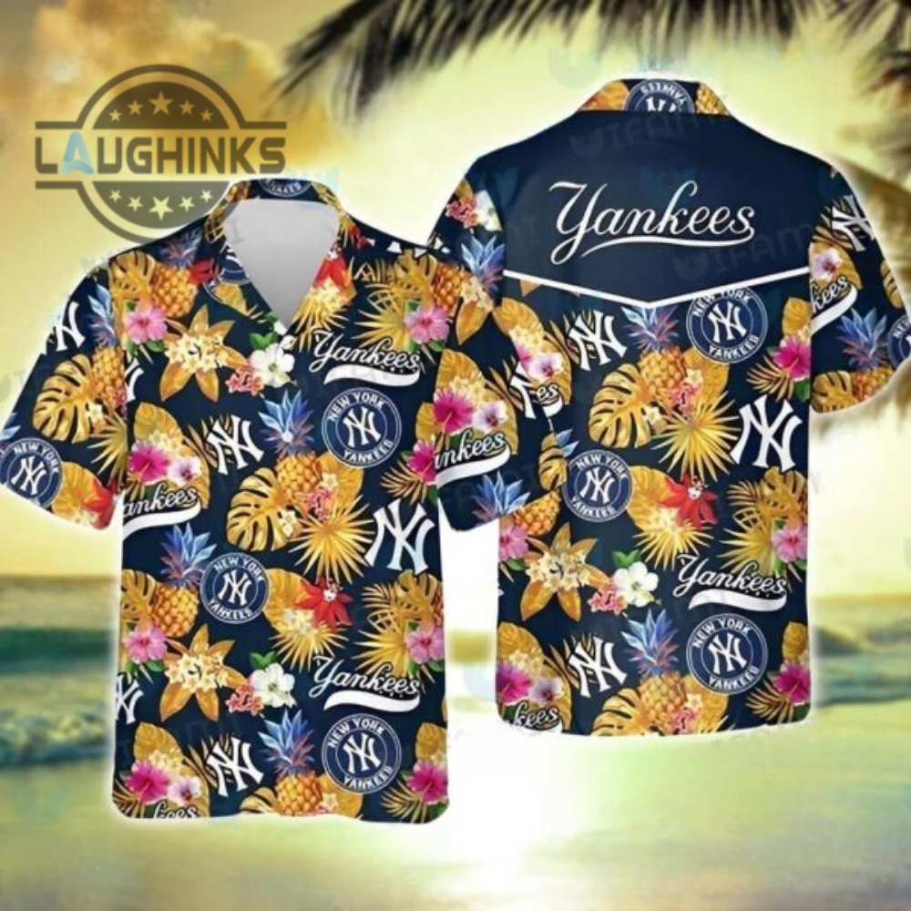 Mlb New York Yankees Hawaiian Shirt Tropical Flower Pattern Trendy Summer Gift Ny Yankees Button Up Shirt And Shorts Mlb Baseball Aloha Beach Shirt
