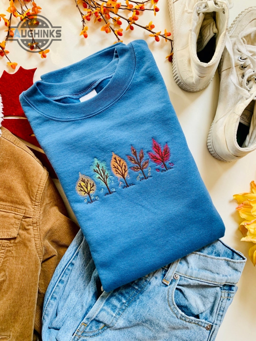 Fall Leaf Embroidered Crewneck Embroidery Tshirt Sweatshirt Hoodie Gift