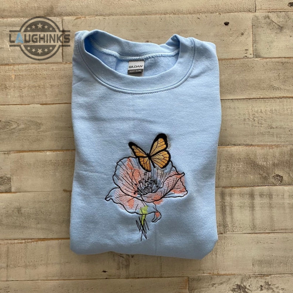 Butterfly And Poppy Embroidered Crewneck Butterfly Sweatshirt  Trendy Crewneck Embroidery Tshirt Sweatshirt Hoodie Gift