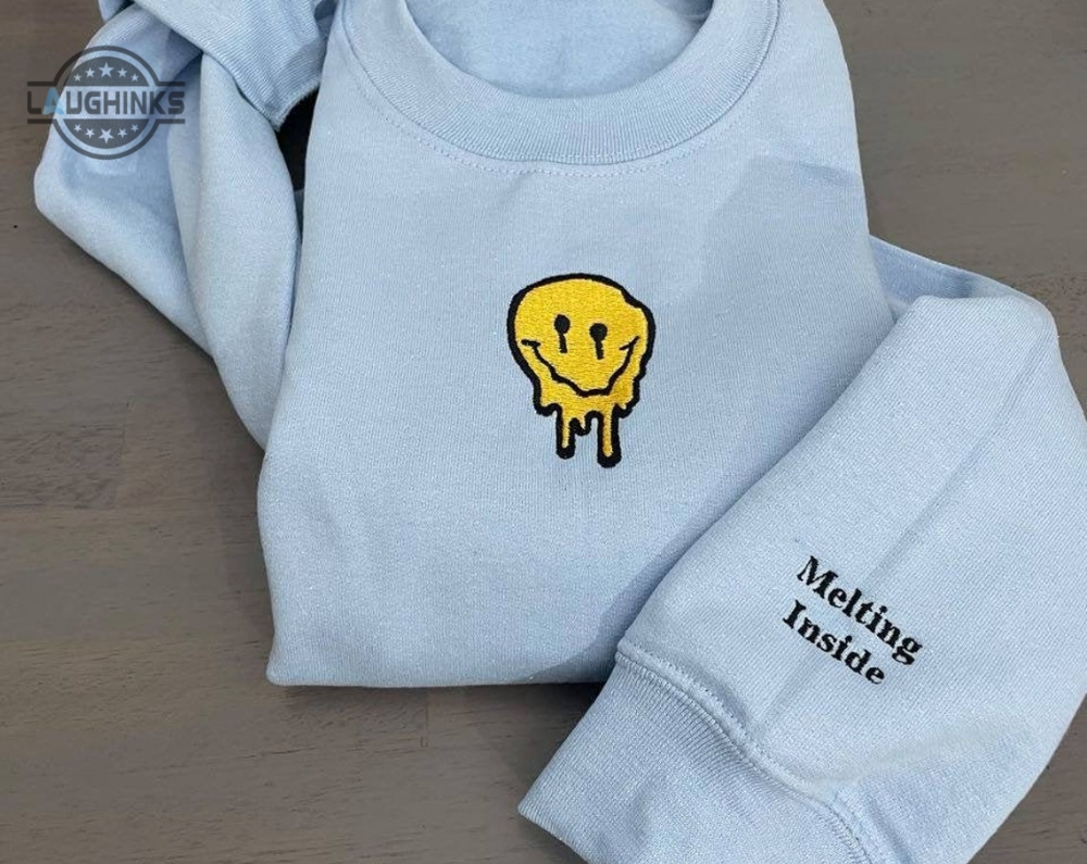 Melted Smiley Embroidered Sweatshirt Vintage Embroidery Design Custom Vintage Crewneck Embroidery Tshirt Sweatshirt Hoodie Gift