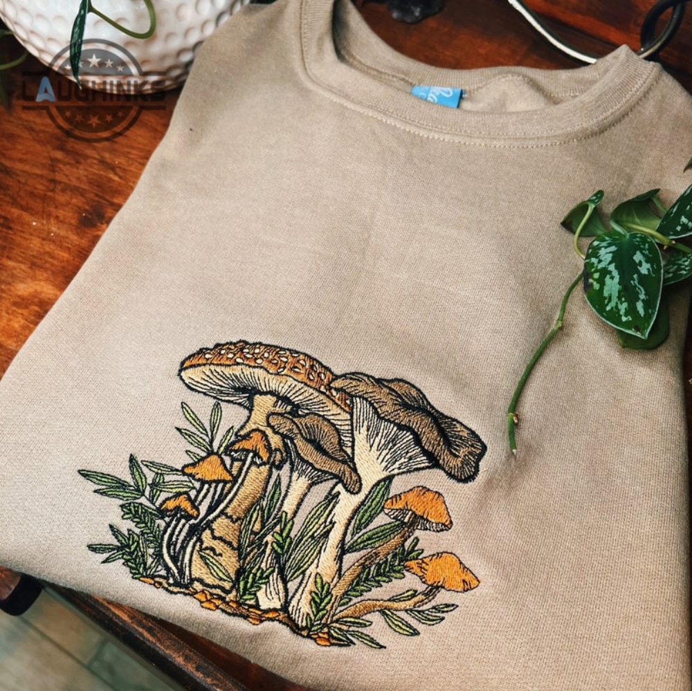 Khaki Fungi Foliage Embroidered Crewneck  Unisex Embroidered Fleece Pullover  Embroidered Sweatshirt  Mushroom Apparel Embroidery Tshirt Sweatshirt Hoodie Gift