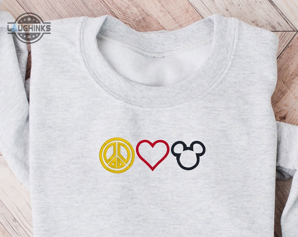 Disney Peace Love Mickey Embroidered Crewneck Disney Embroidered Sweatshirt Disney World Crewneck Womens Disney Crewneck Embroidery Tshirt Sweatshirt Hoodie Gift