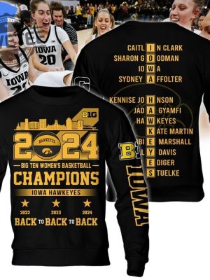 2024 Big Ten Womens Basketball Champions Iowa Hawkeyes Back To Back To Back Hoodie Big Ten Womens Basketball Tournament Unique revetee 2