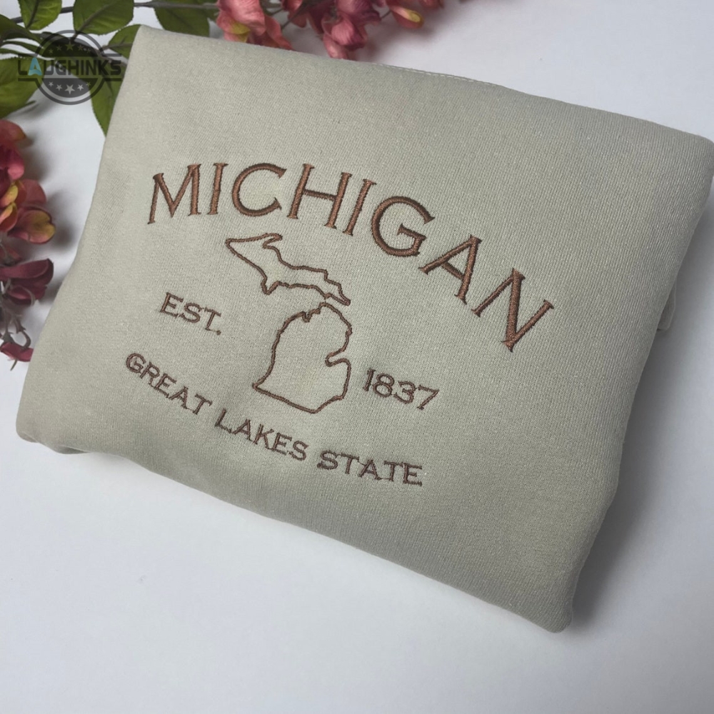 Michigan Embroidered Sweatshirt Great Lakes Crewneck Embroidery Tshirt Sweatshirt Hoodie Gift
