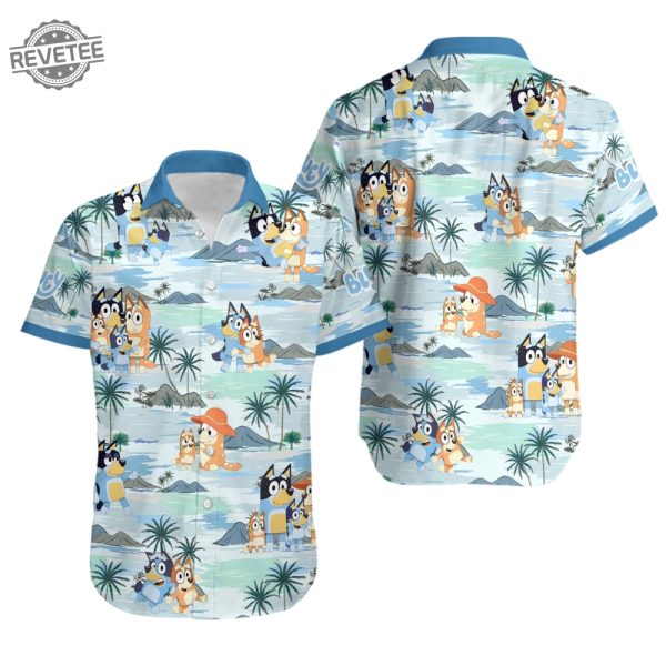 Bluey Summer Family Hawaiian Shirt Bandit Heeler Chilli Heeler Hawaii Shirt Blue Dog Shirt Bluey Hawaiian Shirt Mens Unique revetee 1
