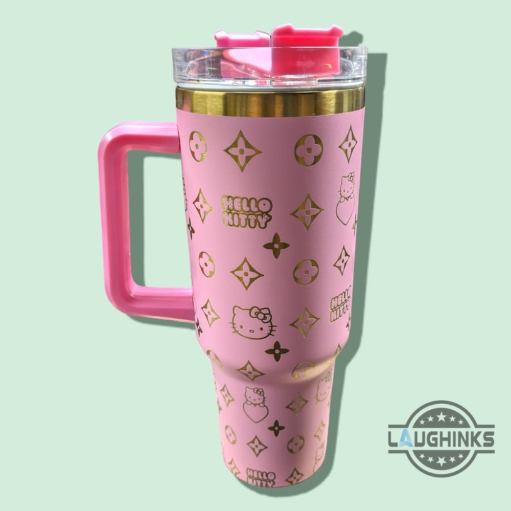 Pink Hello Kitty Stanley Cup Dupe 40 Oz Hello Kitty Stuff Sanrio Cute Cartoon Cat Travel Laser Engraved 40Oz Cups Kitty Hello Tumbler With Handle Lid And Straw