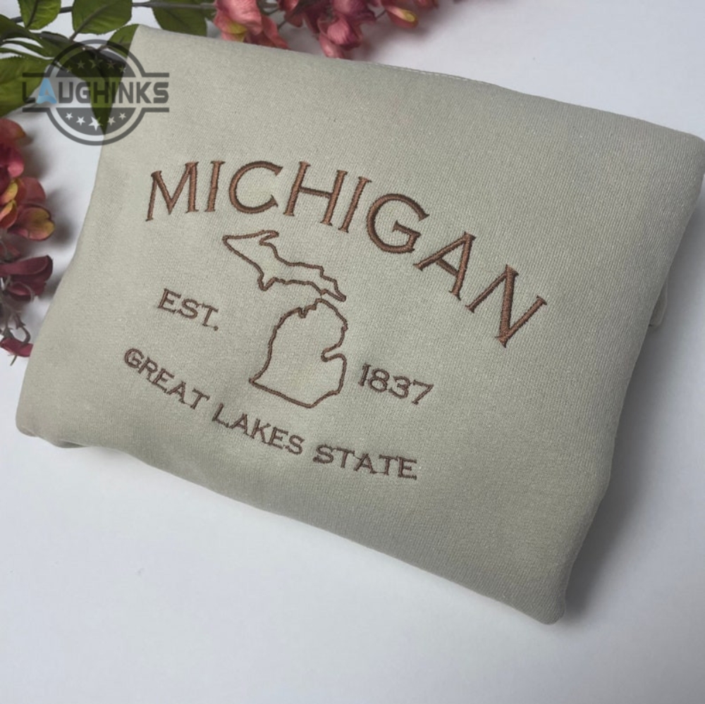 Michigan Embroidered Sweatshirt Great Lakes Crewneck Embroidery Tshirt Sweatshirt Hoodie Gift