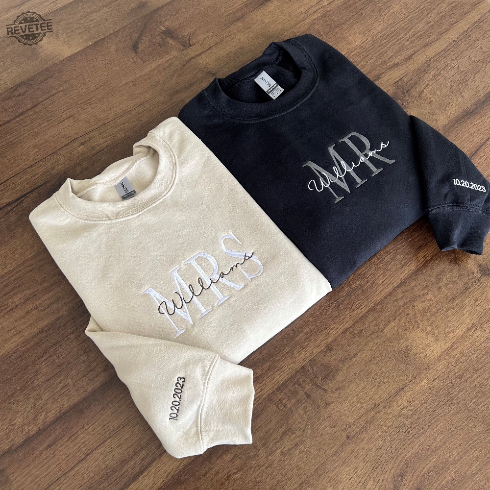Custom Mrs. Embroidered Sweatshirt Date On Sleeve Hubby Wifey Gift For Bride Future Mrs. And Mr. Hoodie Engagement Gift Bride To Be Unique